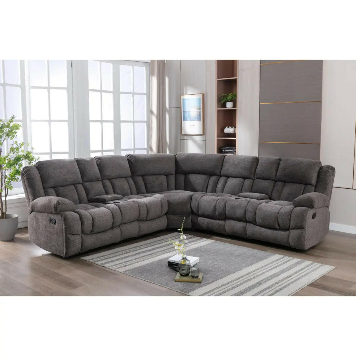 Gray MAZ Presley 3-piece power recliner sectional with modular design, featuring plush cushions and reclining seats.