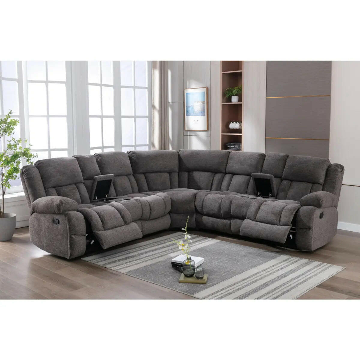 Gray MAZ Presley 3-piece modular power recliner sectional with plush cushions and modern design, ideal for spacious living rooms.