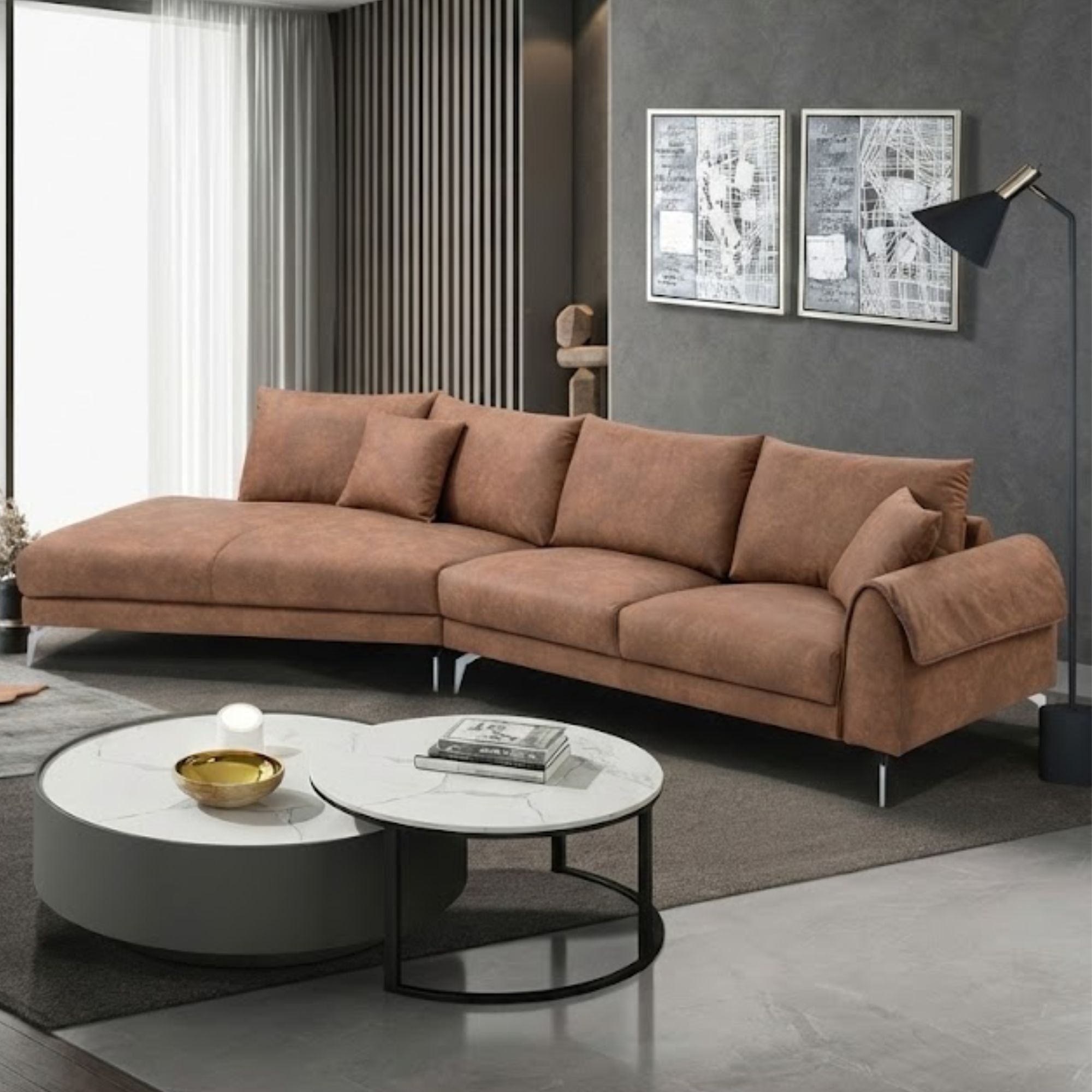 Brown MAZ sectional sofa with left side chaise and two decorative pillows, modern living room furniture.