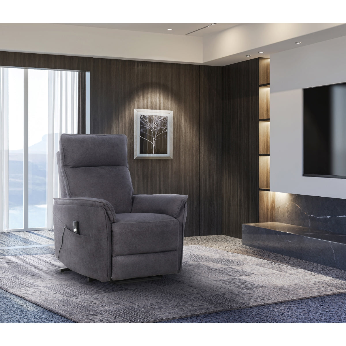 Gray CastleUp Medical Lift Chair from the Daira series, showing a closed, comfortable reclined position in a lifestyle setting.