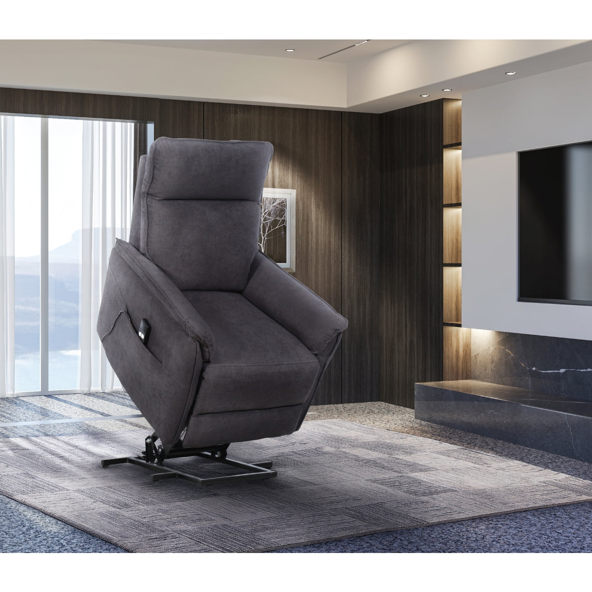CastleUp Grey Daira Medical Lift Chair fully lifted, showing ergonomic design and plush upholstery for comfortable medical seating.