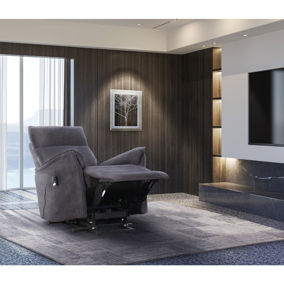 Grey CastleUp Daira Medical Lift Chair fully reclined, showcasing ergonomic design and plush upholstery for comfort and support.