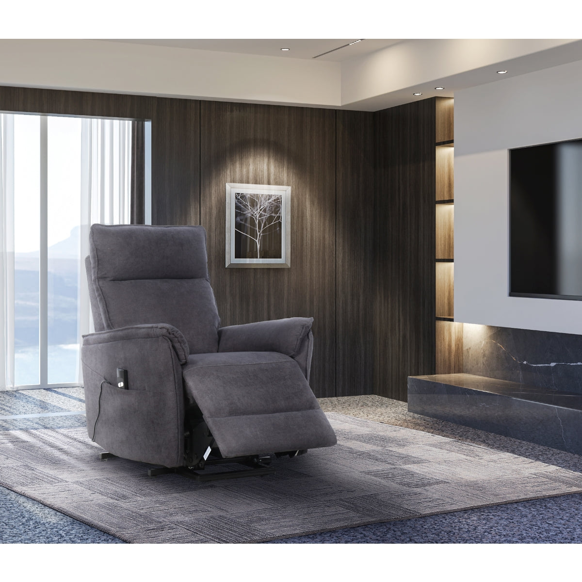 Grey CastleUp Experience Centre Daira Medical Lift Chair with open angle, featuring a comfortable reclined position and supportive design.