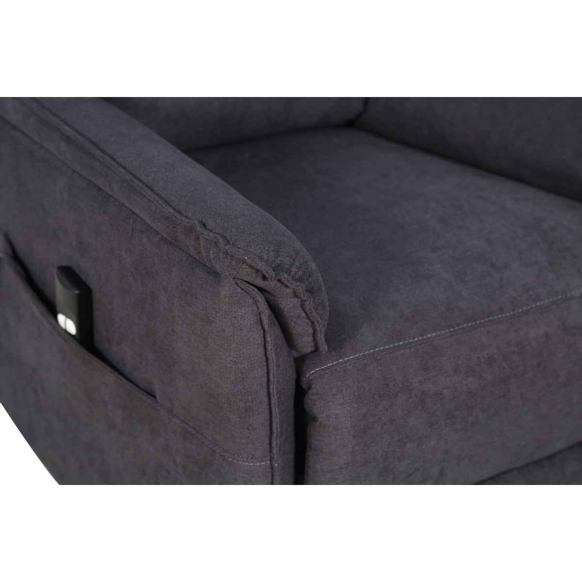 Grey CastleUp Daira Medical Lift Chair with armrest detail, showcasing its comfortable design and power lift functionality.