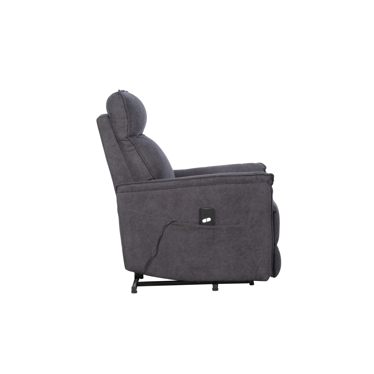 Grey Daira Medical Lift Chair by CastleUp Experience Centre, side view showing padded armrests and reclining features.