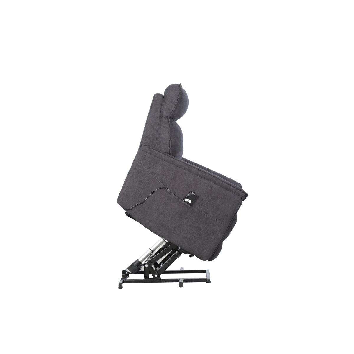 CastleUp Daira medical lift chair in grey, fully lifted side view showing plush armrests and adjustable reclining features.