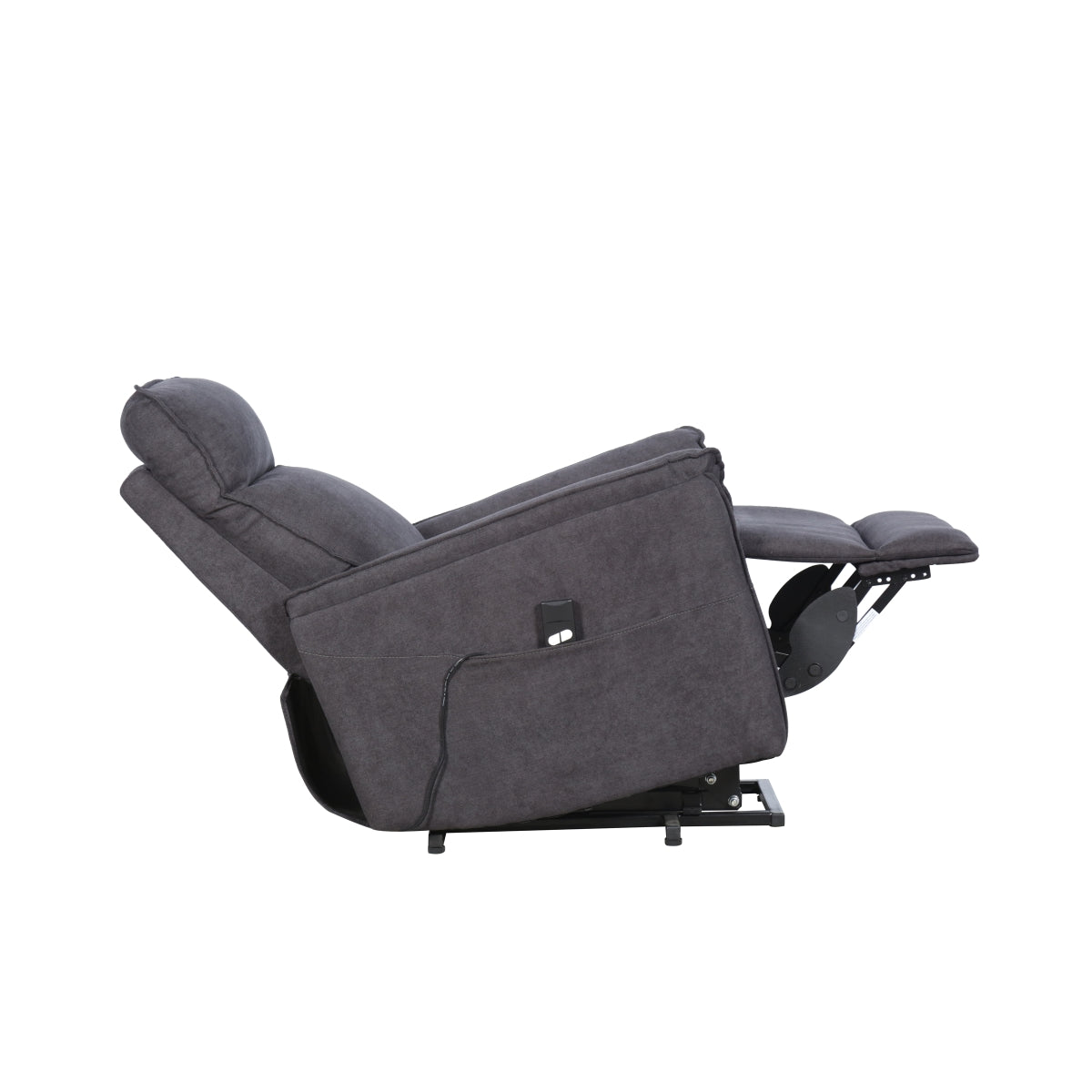 Grey Daira Medical Lift Chair by CastleUp Experience Centre, fully reclined, showing side view with padded armrests and footrest.