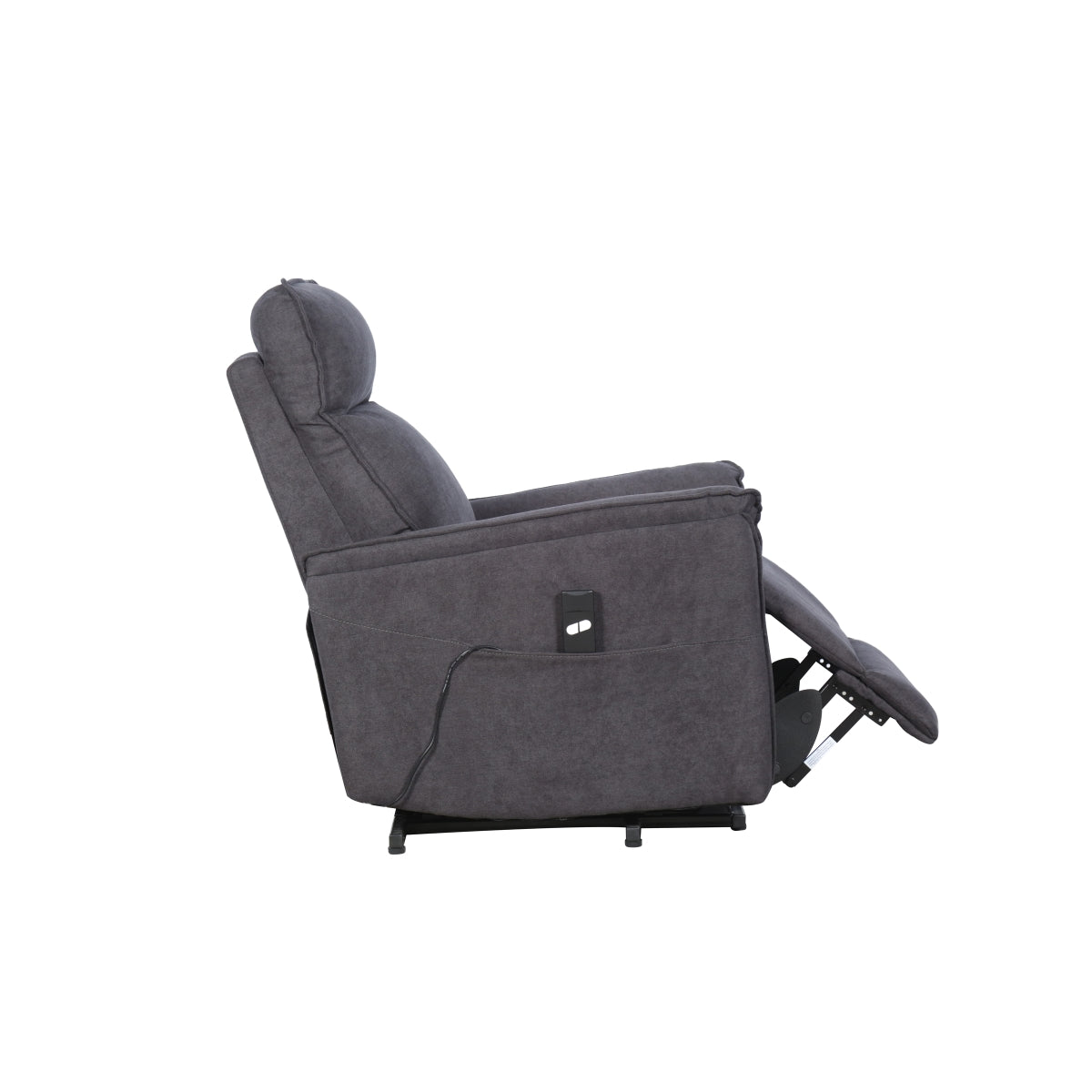 Grey CastleUp Daira Medical Lift Chair shown from the side, featuring a plush cushioned seat and mechanical lifting mechanism.