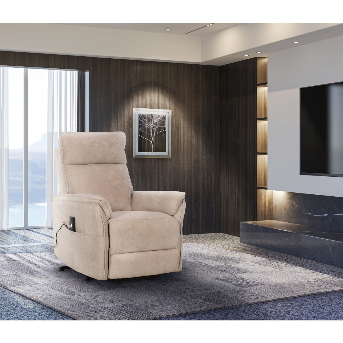 CastleUp Daira medical lift chair in light brown, shown in a closed position with a comfortable lifestyle setting.