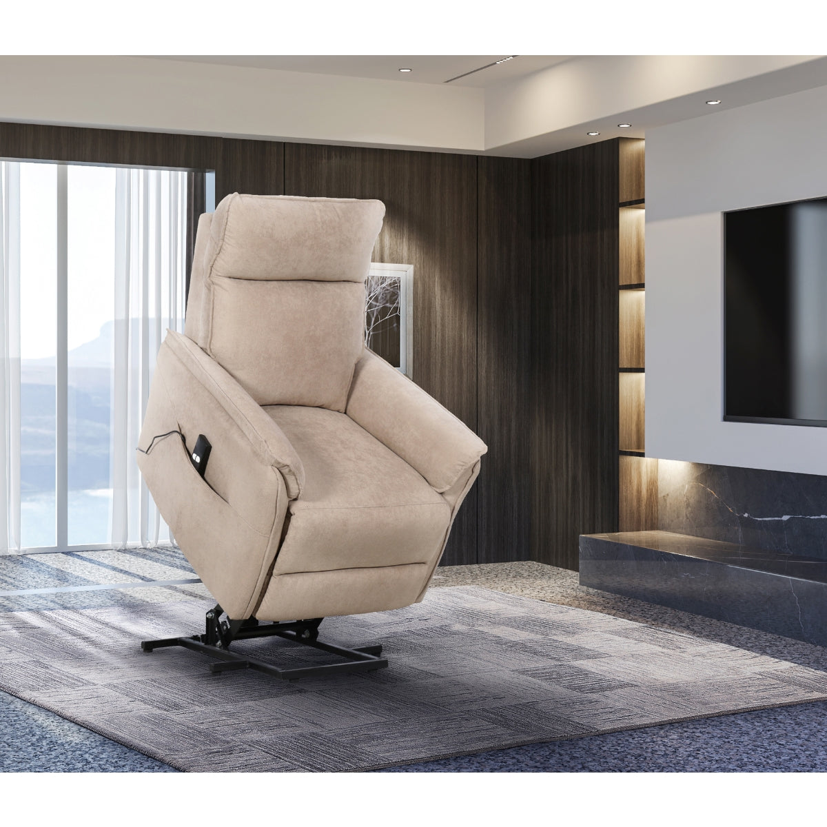 CastleUp Daira Medical Lift Chair in Light Brown fully raised, showcasing ergonomic design and plush upholstery for comfort.