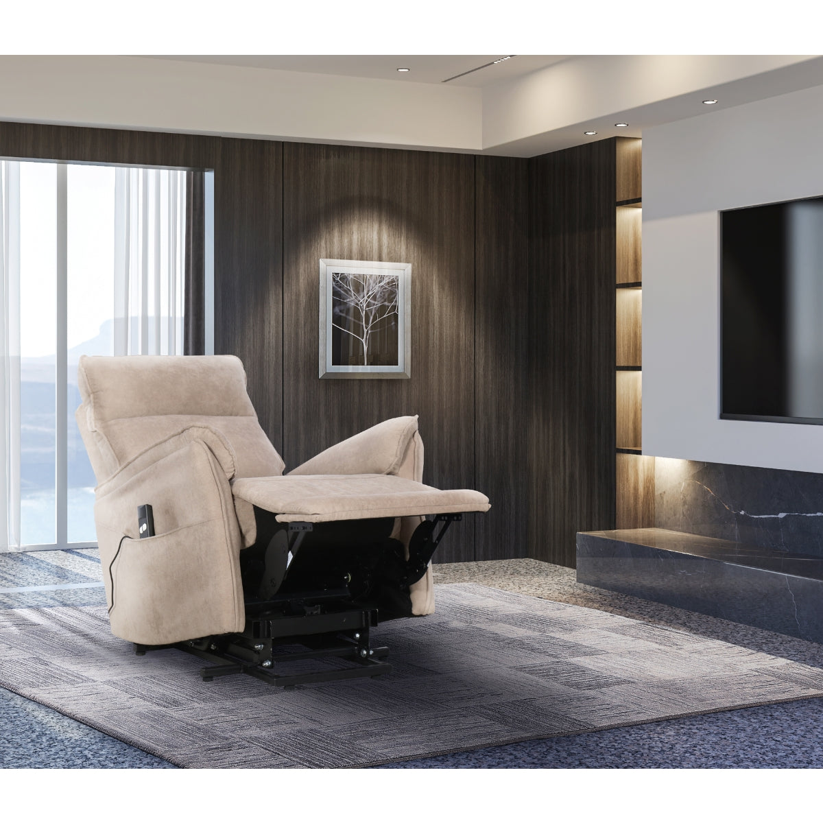 Light brown CastleUp Medical Lift Chair in fully reclined position, showcasing ergonomic design and plush upholstery.