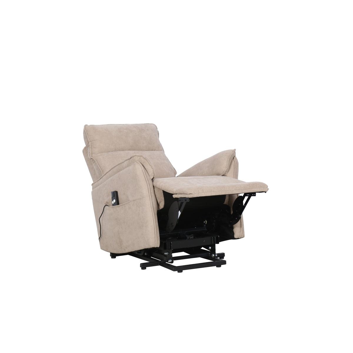 Light brown CastleUp Daira Medical Lift Chair fully reclined, featuring a padded seat and armrests for comfort and support.