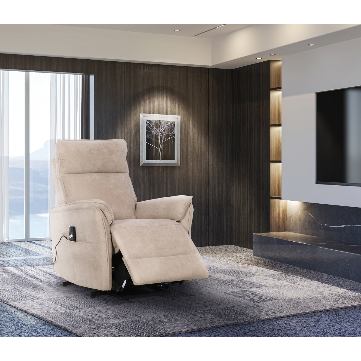 Light brown CastleUp Medical Lift Chair in a reclined, open position, showcasing its ergonomic design and comfort features.