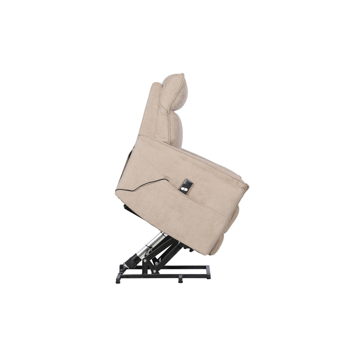 Light brown CastleUp Medical Lift Chair in fully lifted position, showing side view with padded armrests and ergonomic design.