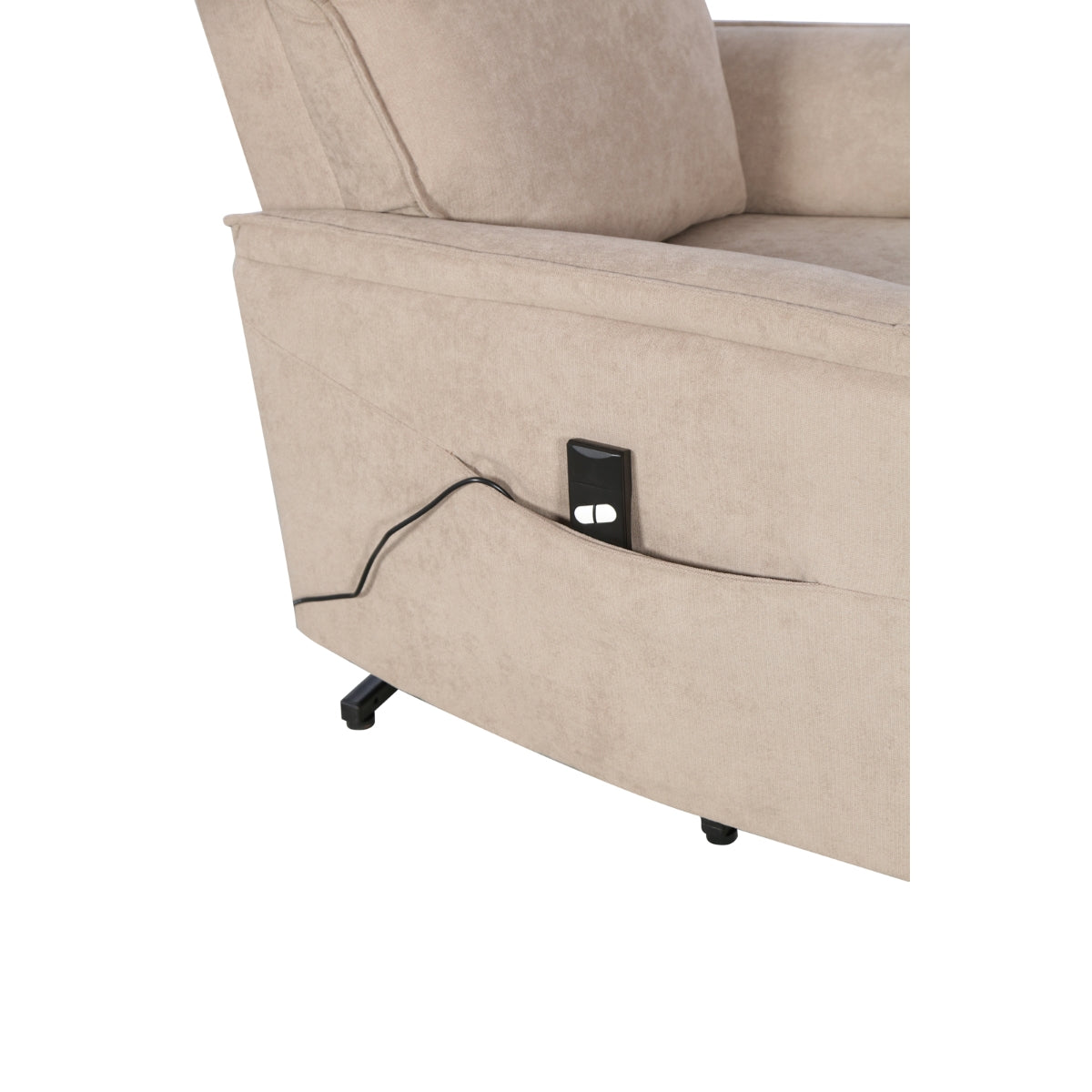 Light brown CastleUp Daira medical lift chair with side control and padded armrests, designed for comfort and support.