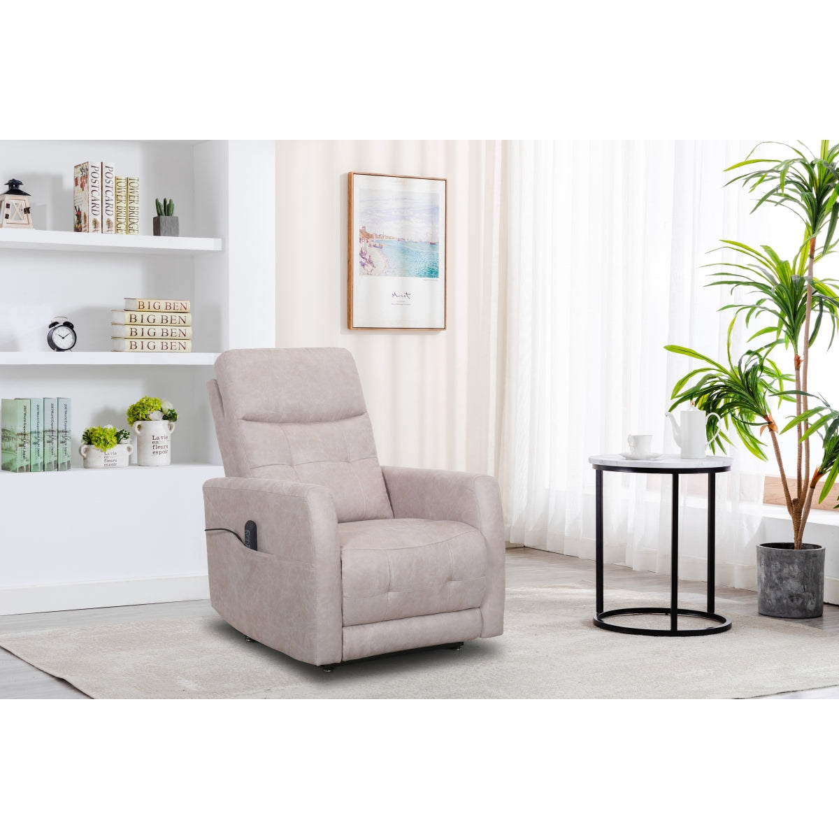 CastleUp Aisha Medical Lift Chair in beige with power lift and headrest, shown in a closed, lifestyle setting.