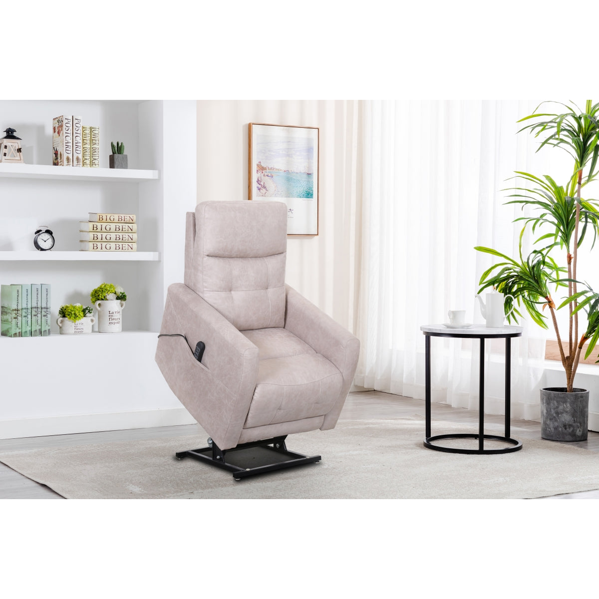 CastleUp beige medical lift chair with power lift and headrest, fully lifted for easy standing assistance.