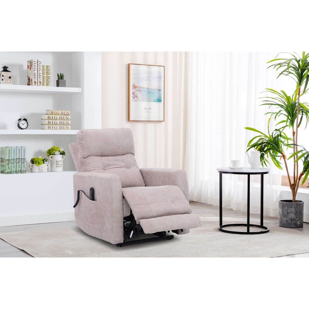 Beige Aisha Medical Lift Chair by CastleUp Experience Centre with power lift and headrest, shown in reclined position.