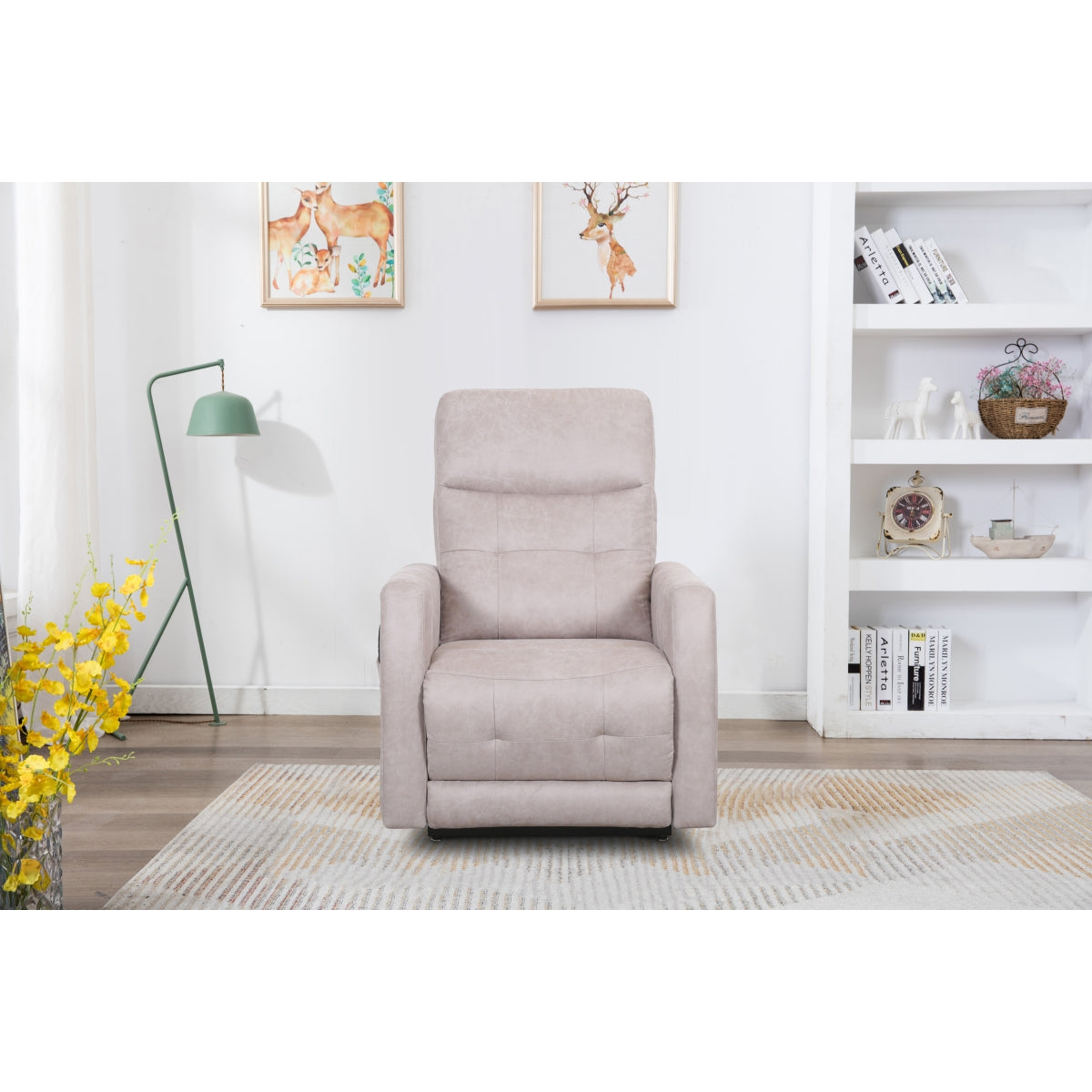 CastleUp Aisha Medical Lift Chair in beige with power lift and headrest, shown in a front closed position for comfortable sitting.