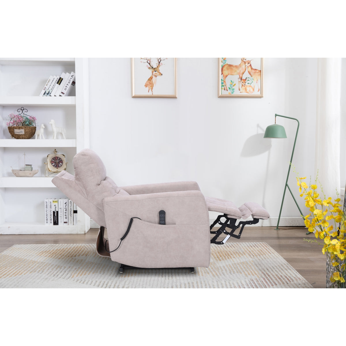 Beige Aisha Medical Lift Chair by CastleUp Experience Centre with side recline and power headrest for comfortable support.
