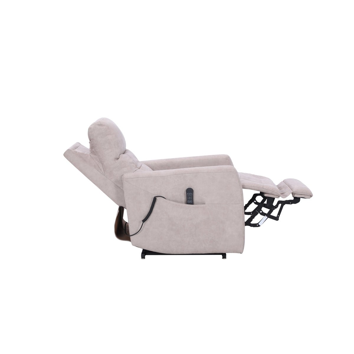 Beige Aisha Medical Lift Chair by CastleUp Experience Centre, side view showing reclined position and power headrest.