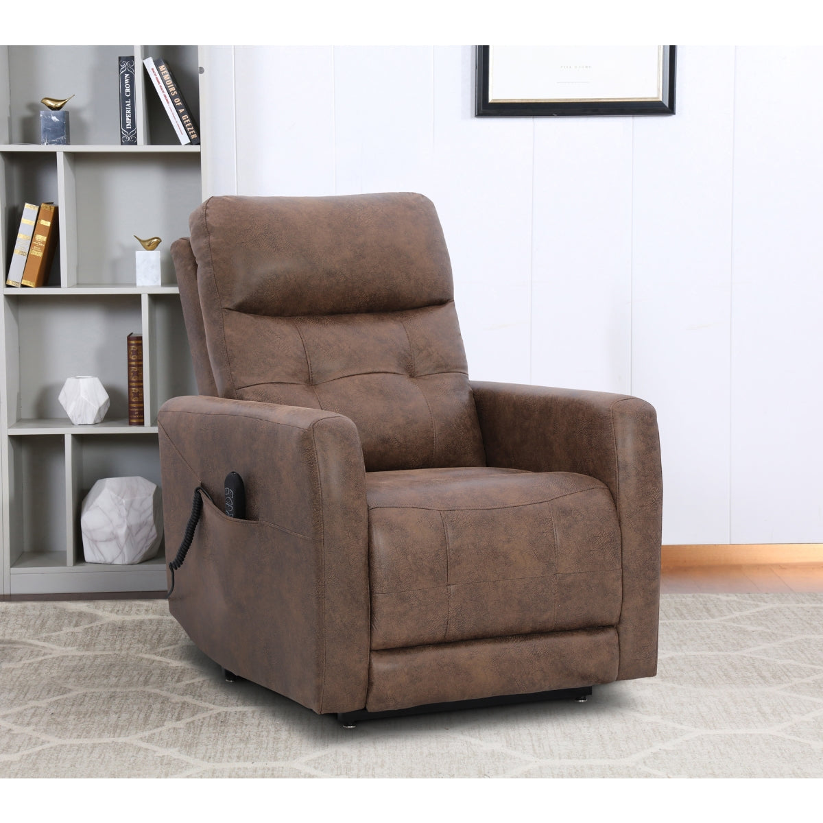 Brown Aisha Medical Lift Chair by CastleUp Experience Centre with power lift and headrest, shown in a closed, lifestyle setting.