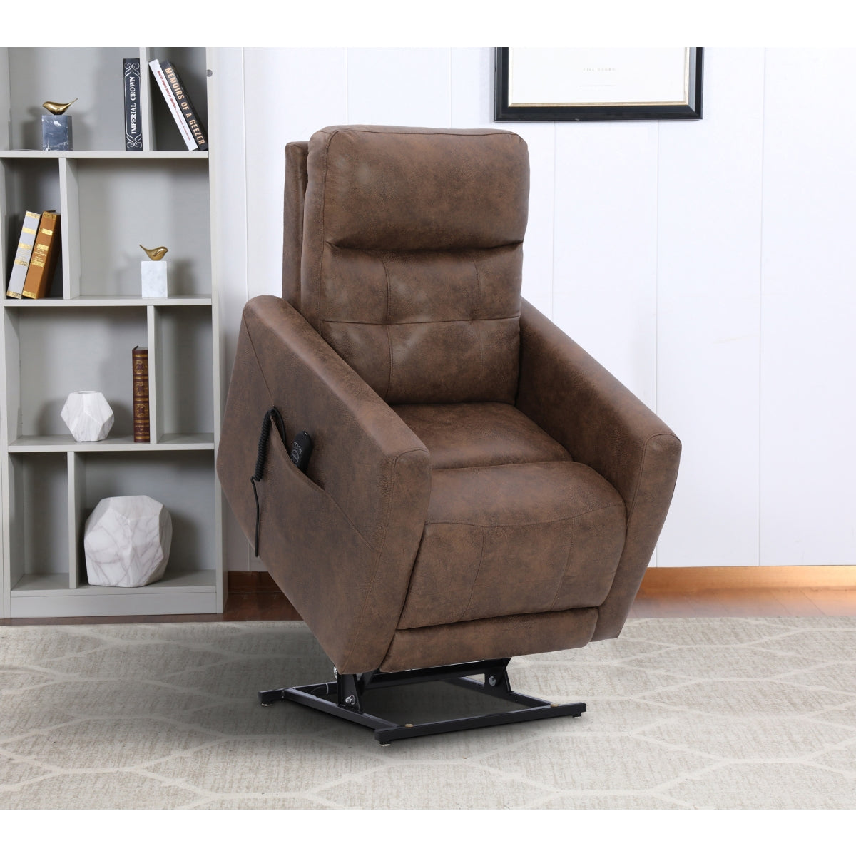 Brown Aisha Medical Lift Chair by CastleUp Experience Centre, fully lifted with power headrest in a lifestyle setting