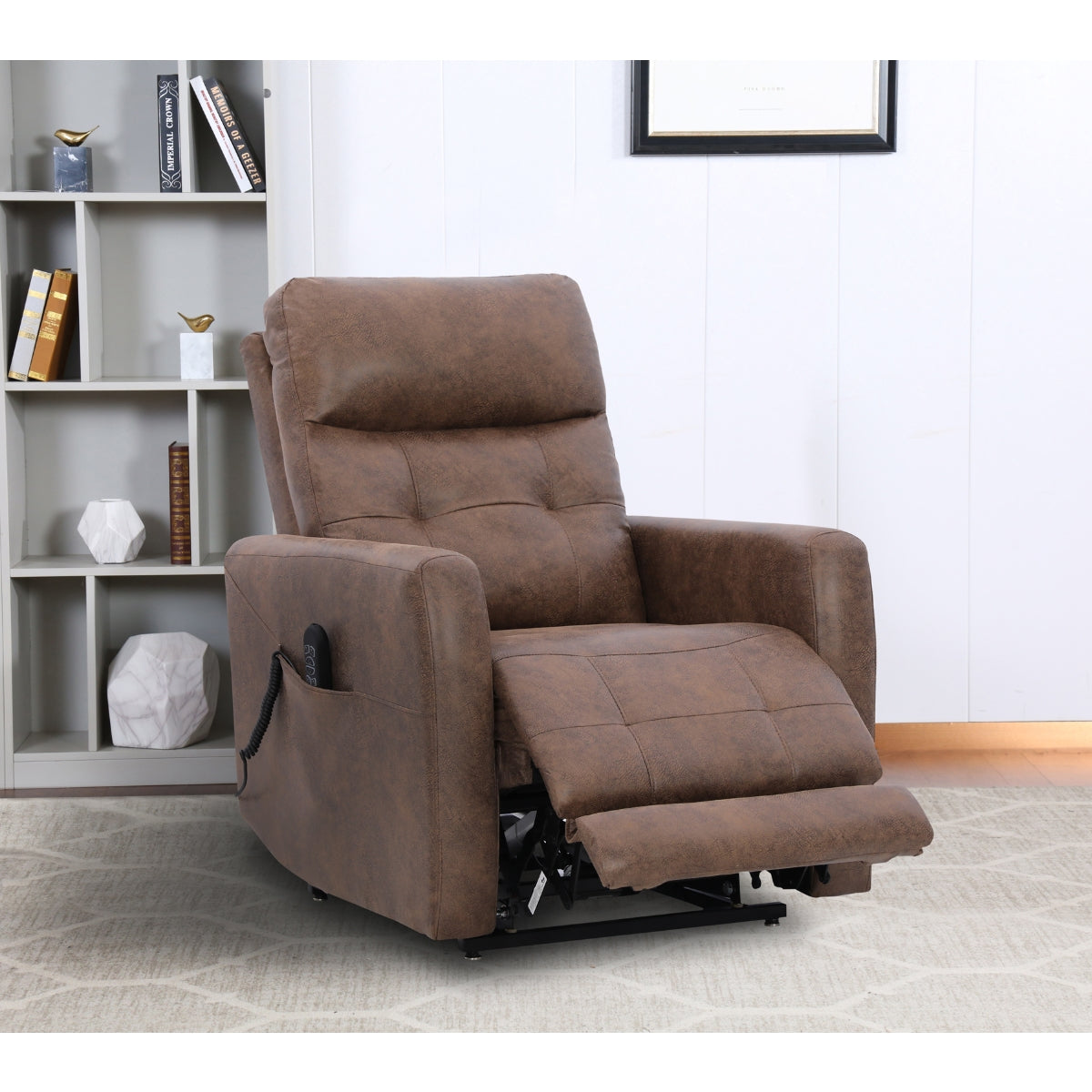 Brown Aisha Medical Lift Chair by CastleUp Experience Centre with power lift and headrest, shown in a reclined lifestyle position.