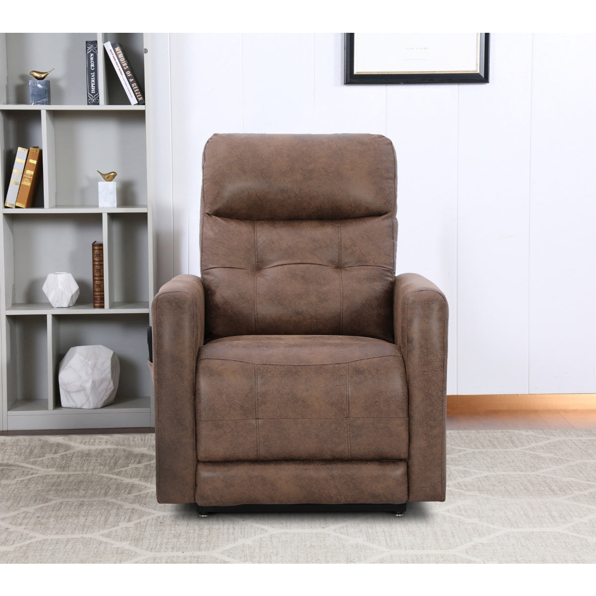 Brown Aisha Medical Lift Chair by CastleUp Experience Centre with power lift and headrest, shown in closed front position.