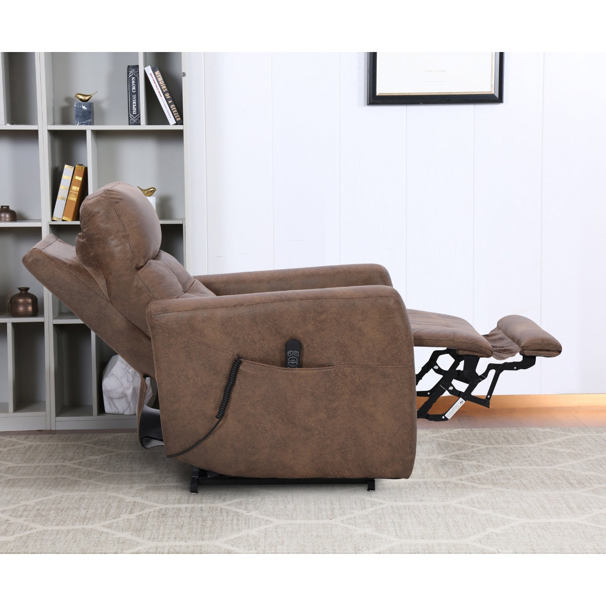 Brown Aisha Medical Lift Chair by CastleUp Experience Centre, side view showing reclined position with power headrest.
