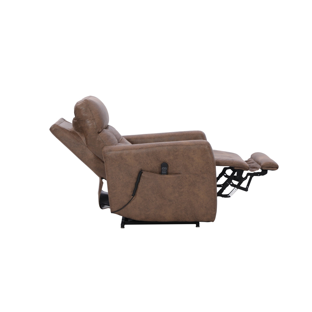 Brown Aisha Medical Lift Chair by CastleUp Experience Centre, side view showing reclined position and power headrest.