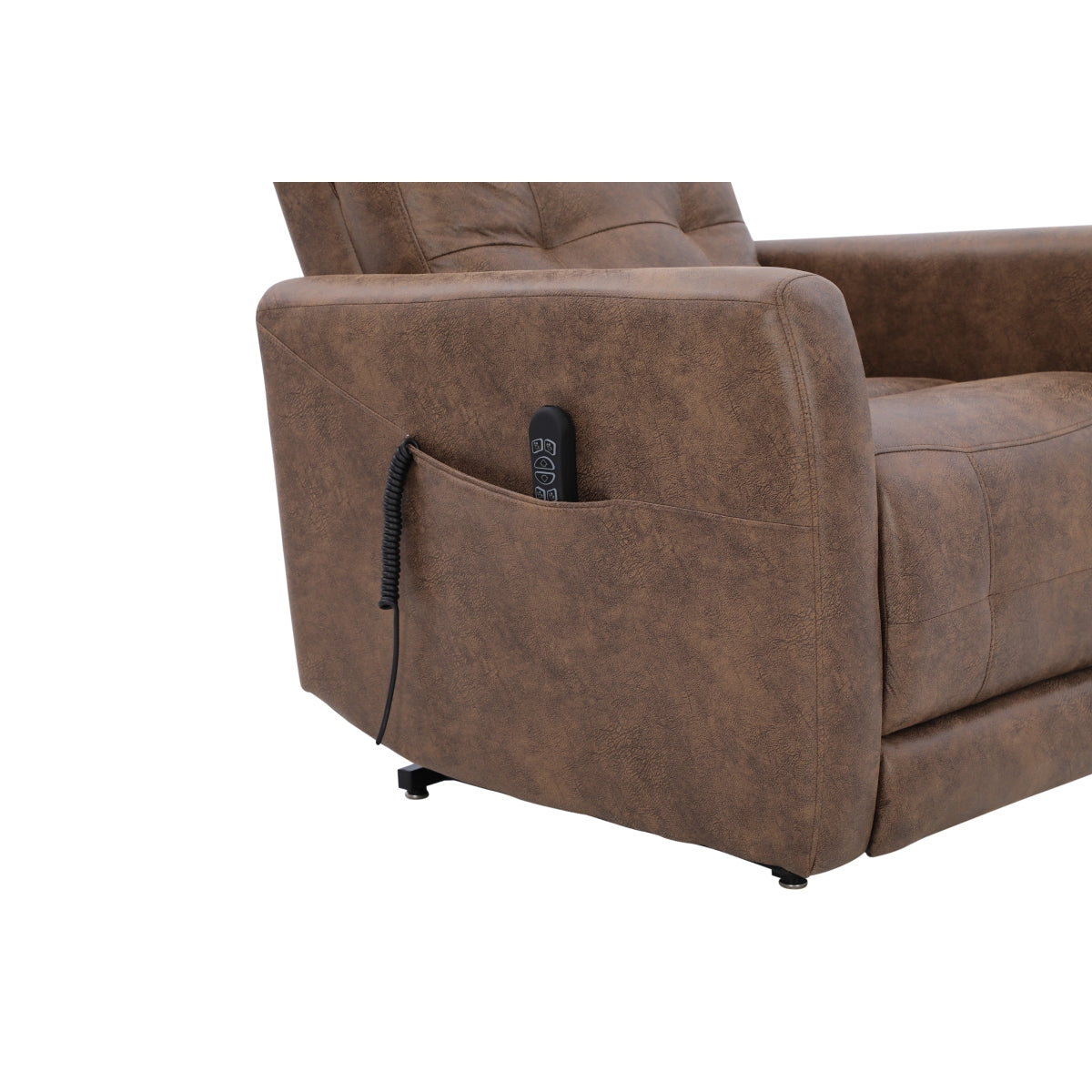 Brown Aisha Medical Lift Chair by CastleUp Experience Centre with power lift, headrest, and side pocket, shown from side view.