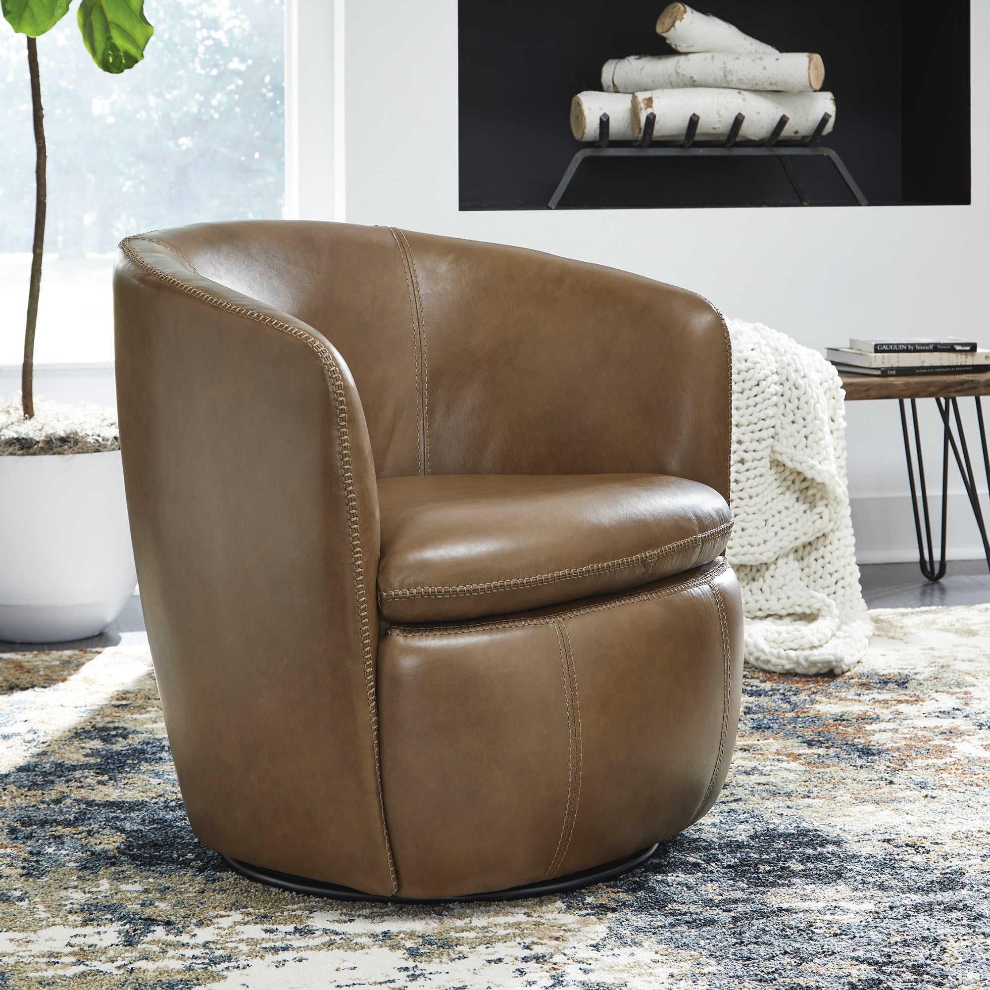 Kierreys Leather Swivel Accent Chair Caramel