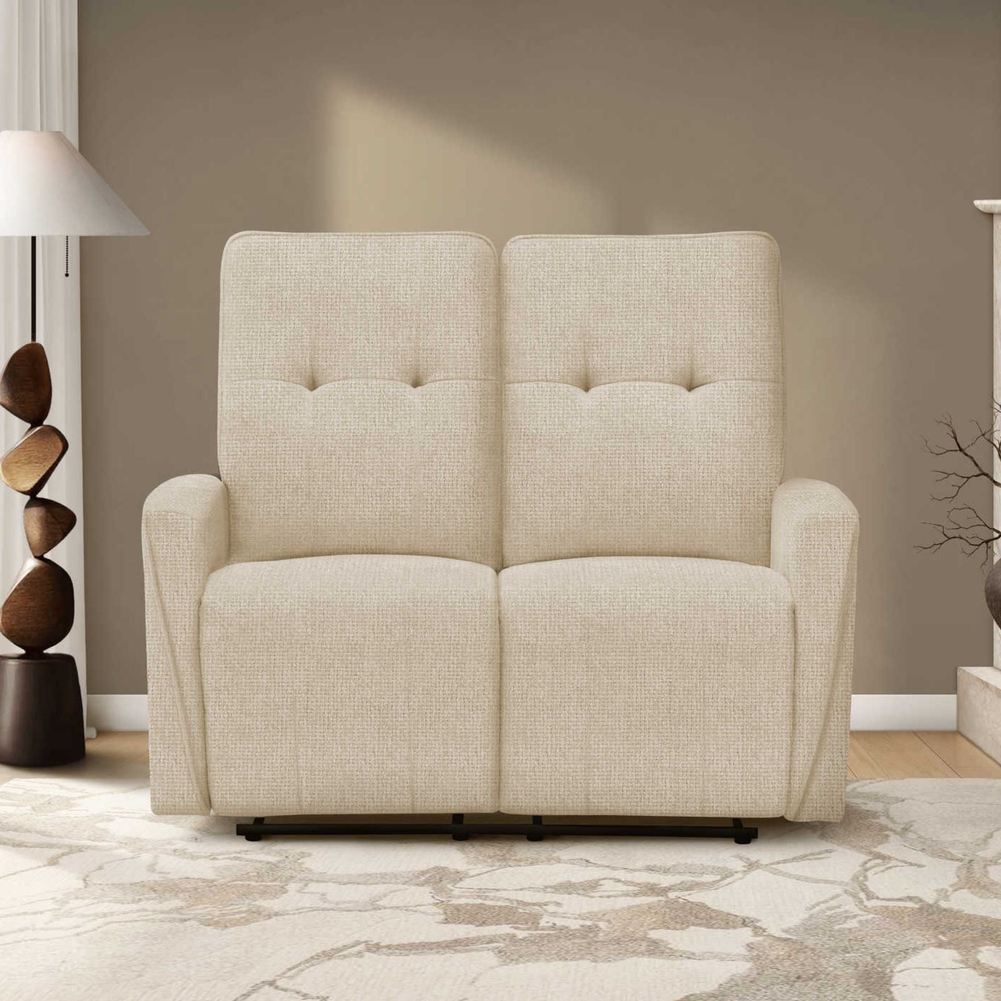 Beige Monarch Specialties Vanta Power Reclining Loveseat with USB port, showing plush cushions and reclining feature.