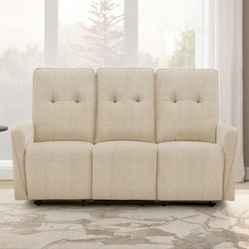 Beige Vanta Power Reclining Sofa with USB port by Monarch Specialties, showing plush cushions and reclining seats.
