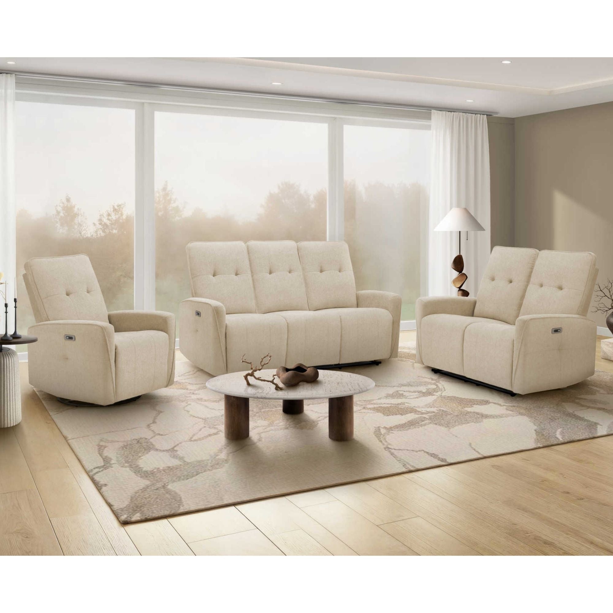 Beige Vanta Power Reclining Sofa with USB port from Monarch Specialties, featuring plush cushions and modern design.