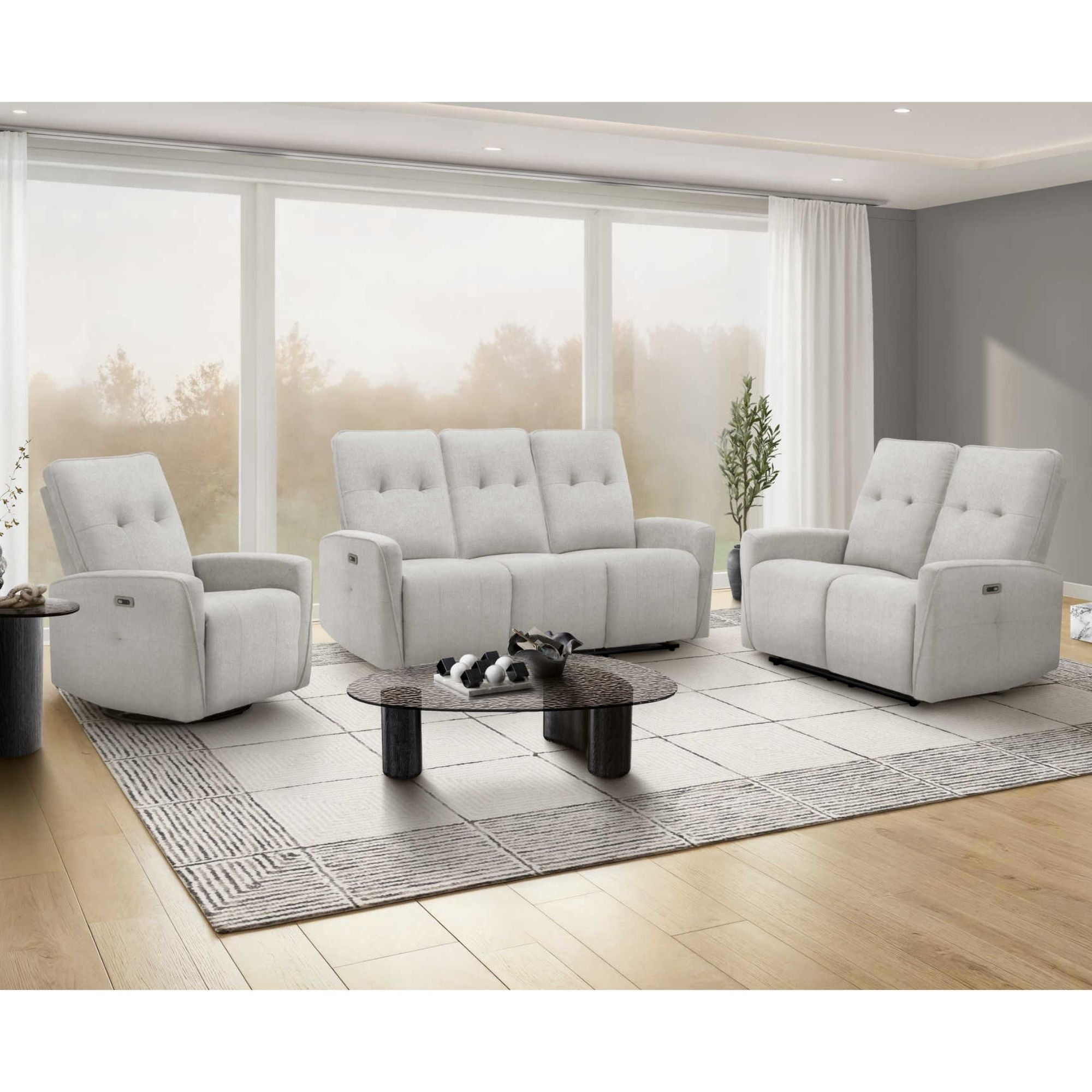 Gray Vanta power reclining sofa by Monarch Specialties with built-in USB port, featuring plush cushions and a modern design.
