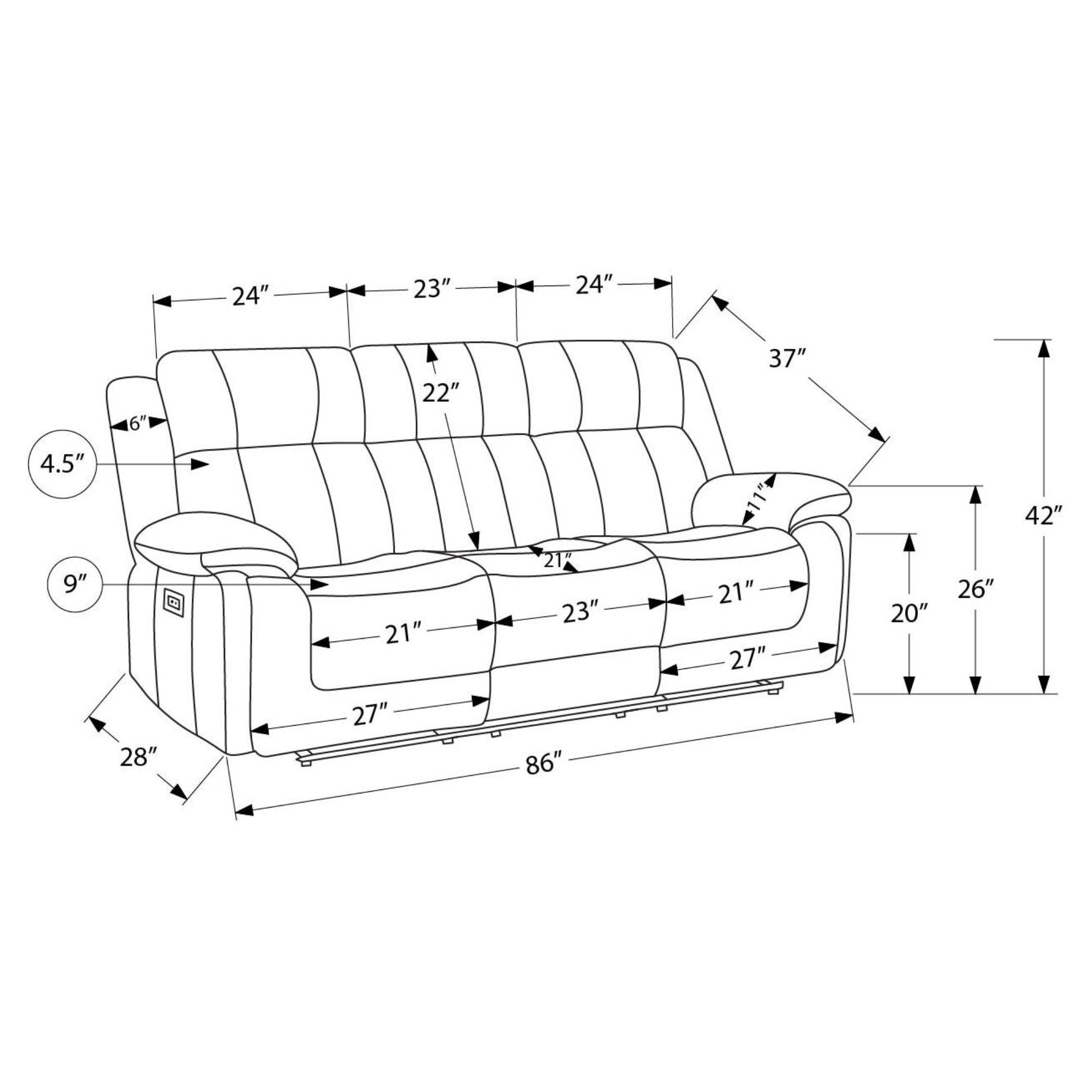 Grey Monarch Specialties Royale Comfort Power Reliner Sofa with USB port, showcasing plush fabric and adjustable reclining features.