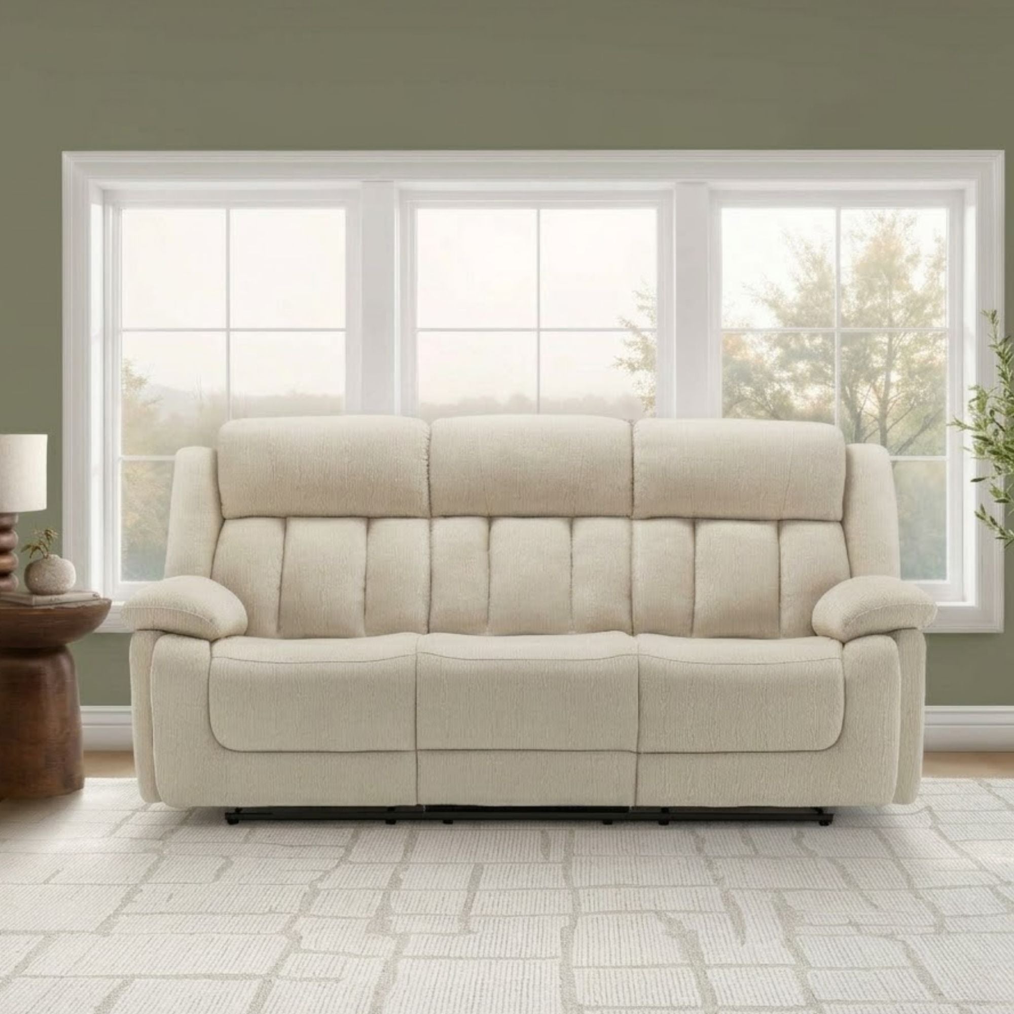 Monarch Specialties beige power recliner sofa with USB charging port, featuring plush cushions and modern design.