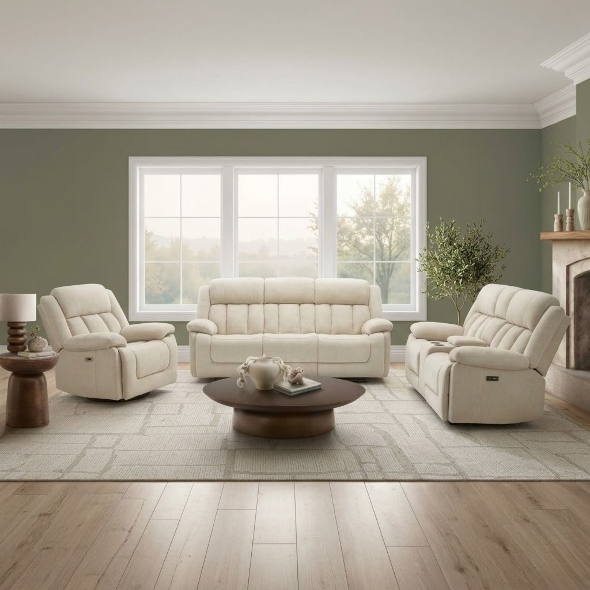 Monarch Specialties beige Royale Comfort Power Recliner Sofa with USB port, showing plush cushions and modern design.