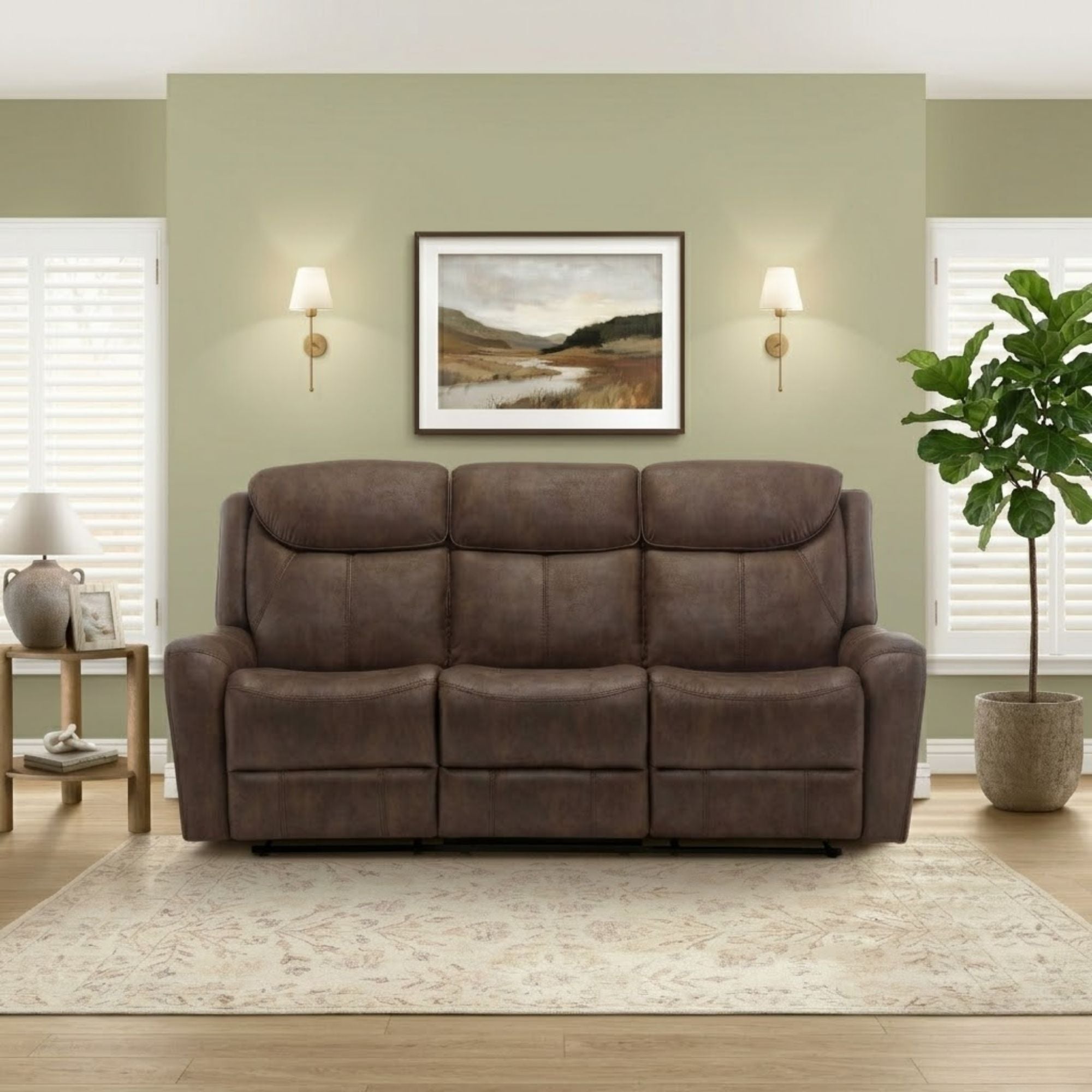 Brown Briarwood power reclining sofa with USB ports by Monarch Specialties, featuring plush cushions and modern design.