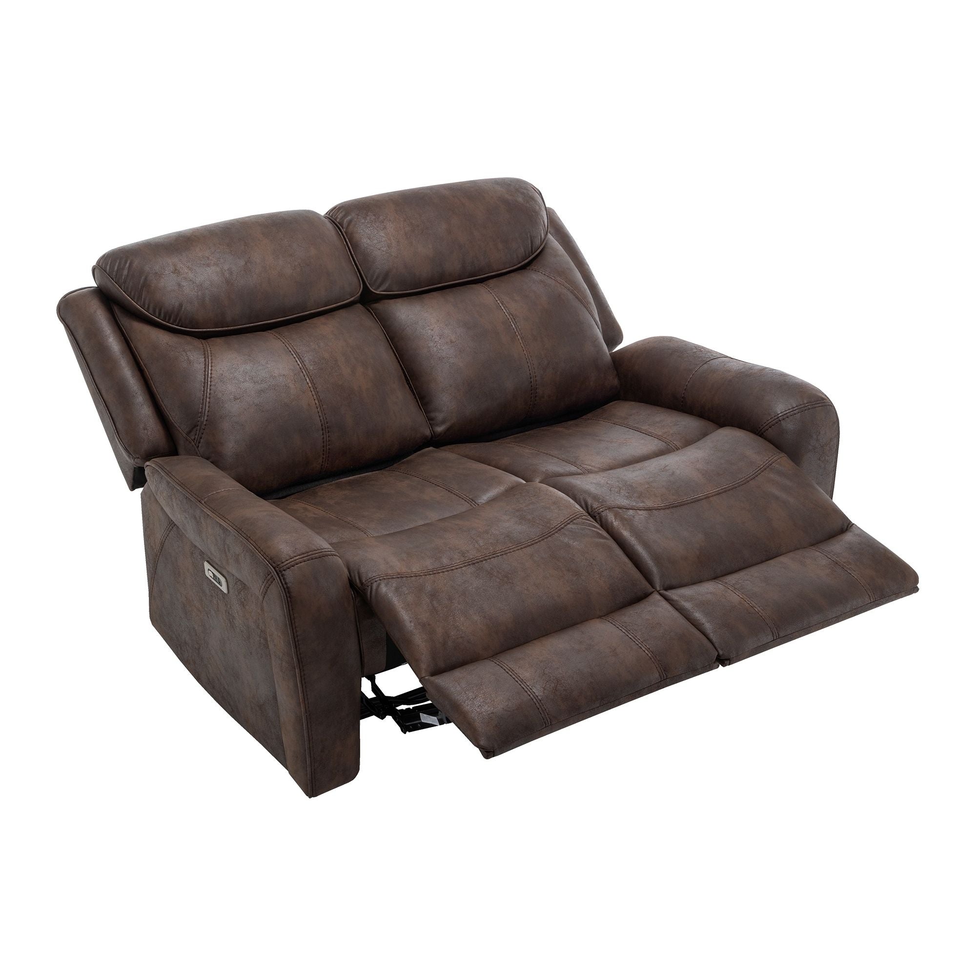Brown Briarwood power reclining loveseat with USB ports by Monarch Specialties, showing plush fabric and built-in charging features.