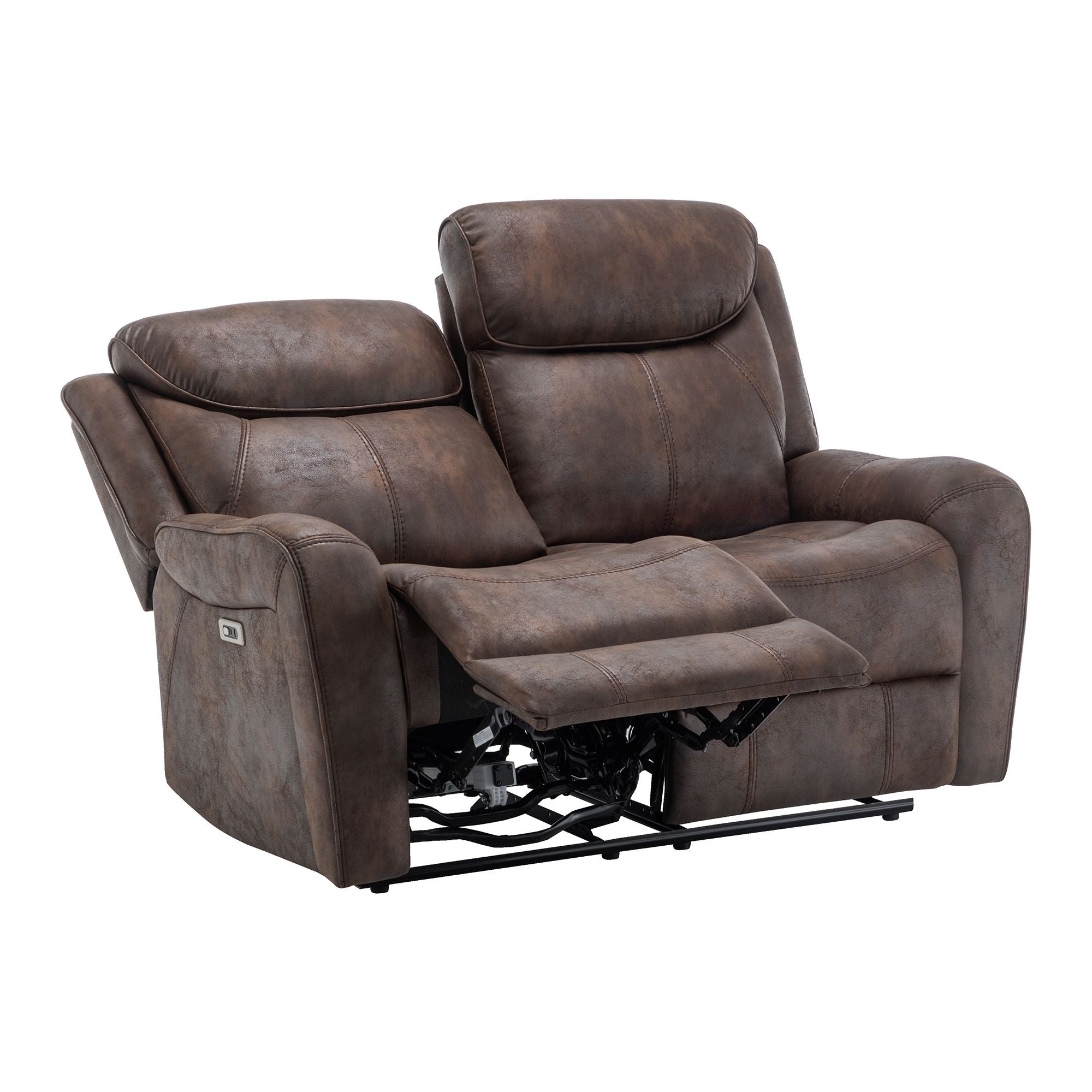 Brown Briarwood Power Reclining Loveseat by Monarch Specialties with USB port, featuring plush cushions and a modern design.