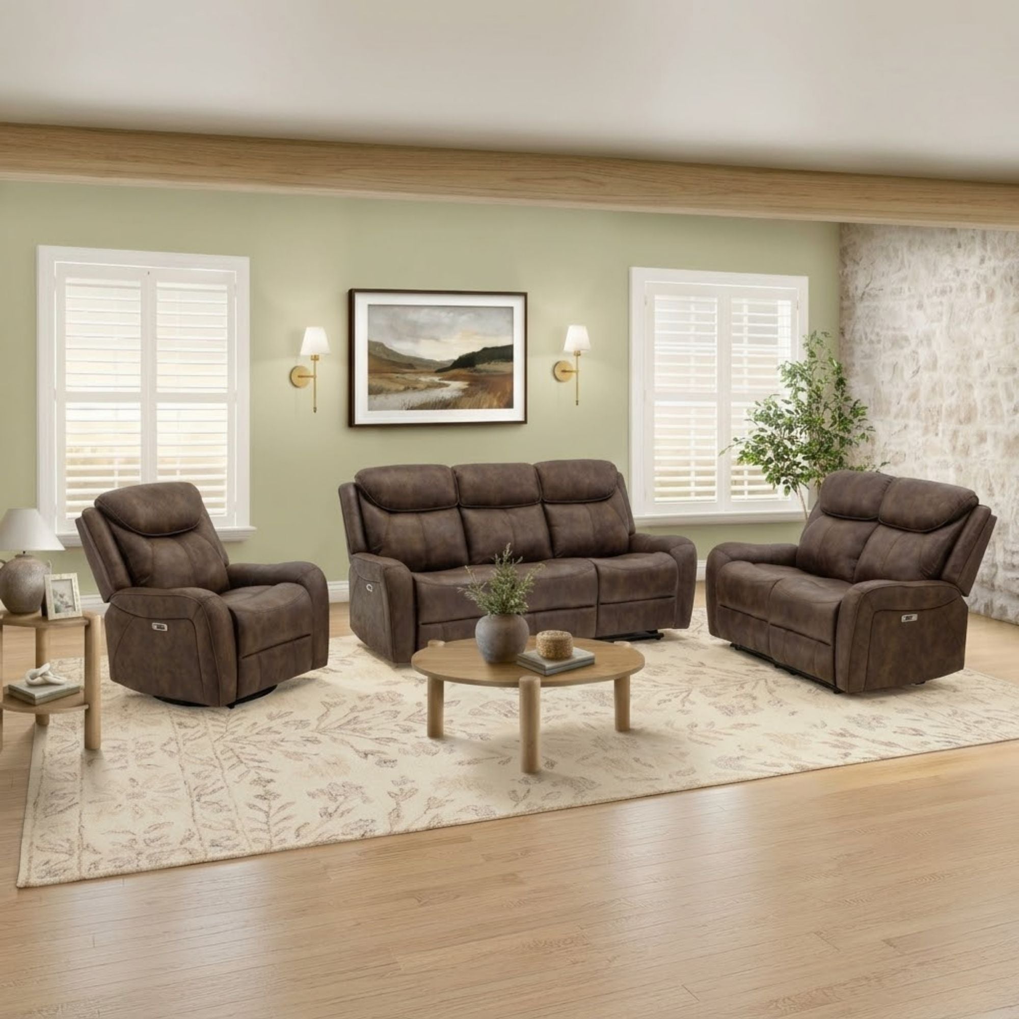 Brown Briarwood power reclining loveseat by Monarch Specialties with USB port, showcasing plush fabric and comfortable seating.