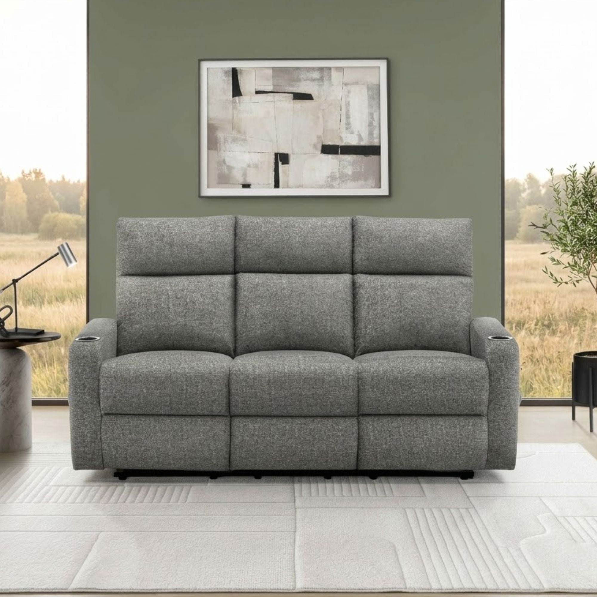 Gray Monarch Specialties Arden reclining sofa with built-in cupholders, featuring plush cushions and a modern design.