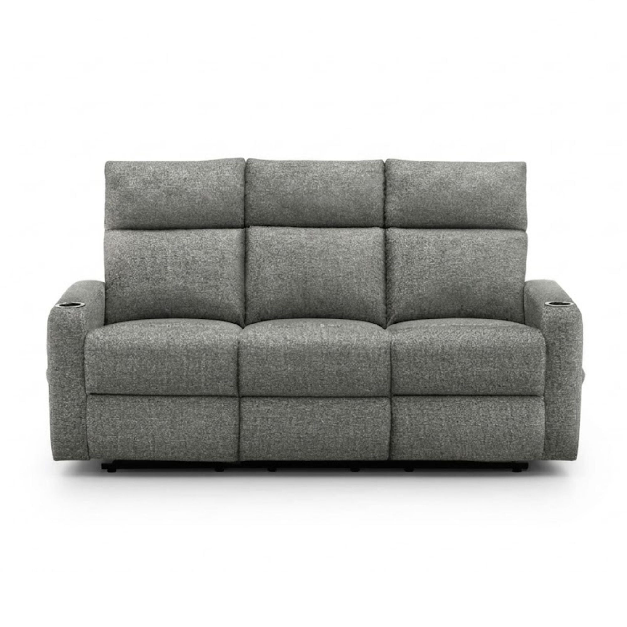 Grey Monarch Specialties Arden reclining sofa with built-in cupholders and plush cushions, perfect for relaxing living room seating.