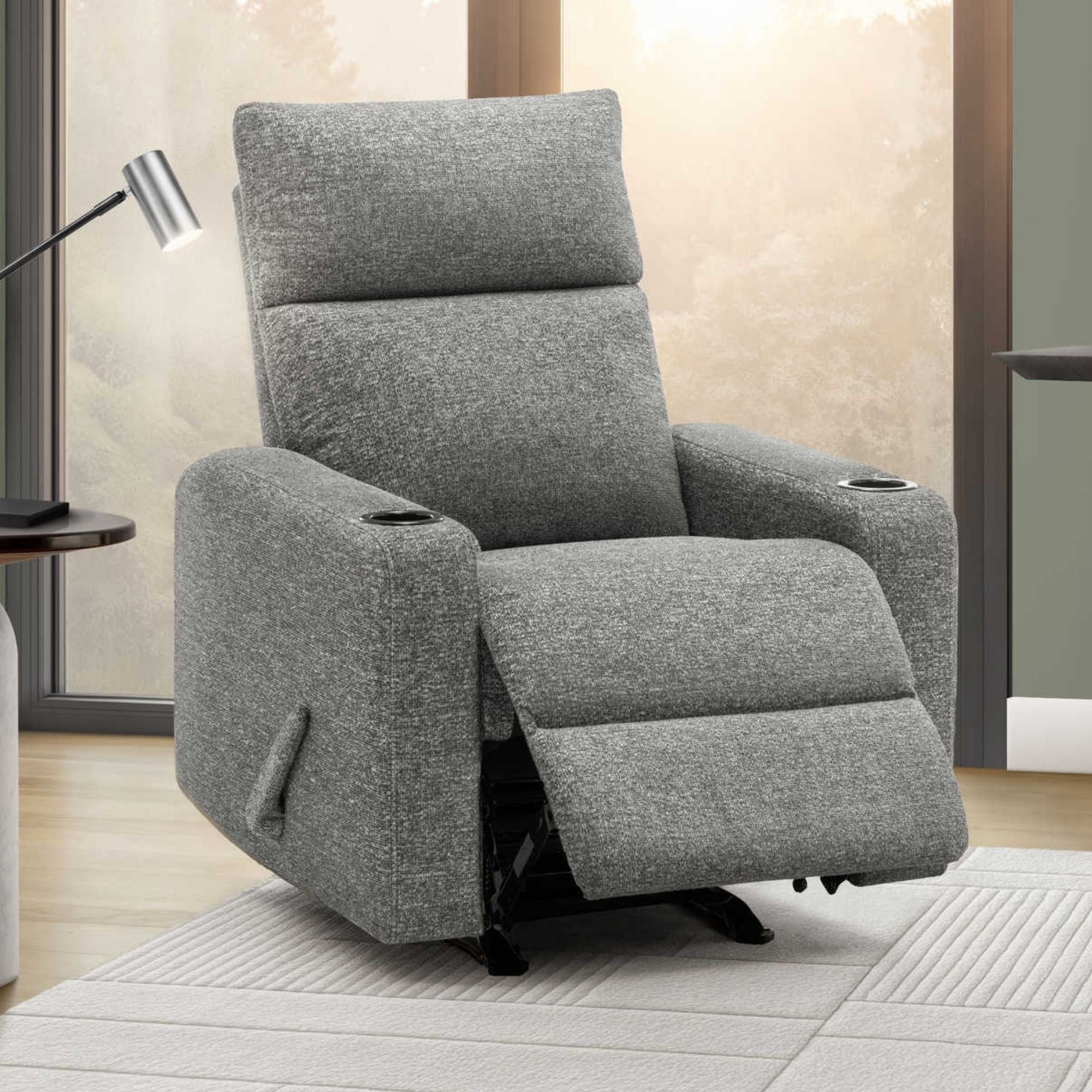 Grey Arden rocker recliner chair with built-in cupholders by Monarch Specialties, featuring plush upholstery and a reclining design.