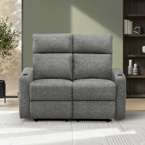 Grey Monarch Specialties Arden reclining loveseat with built-in cupholders, showcasing plush fabric and comfortable armrests.
