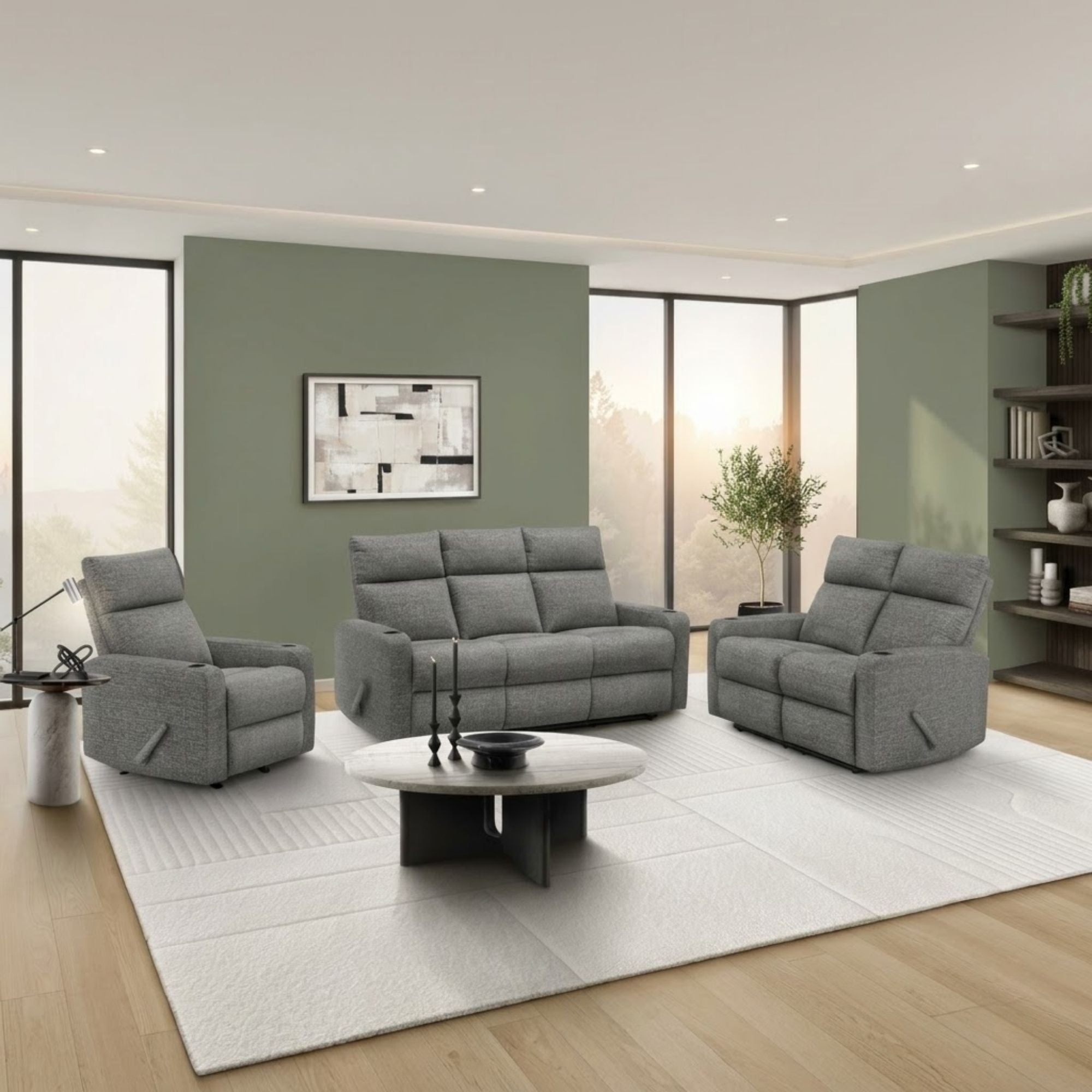 Grey Arden reclining sofa by Monarch Specialties with built-in cupholders, featuring plush cushions and a modern design.