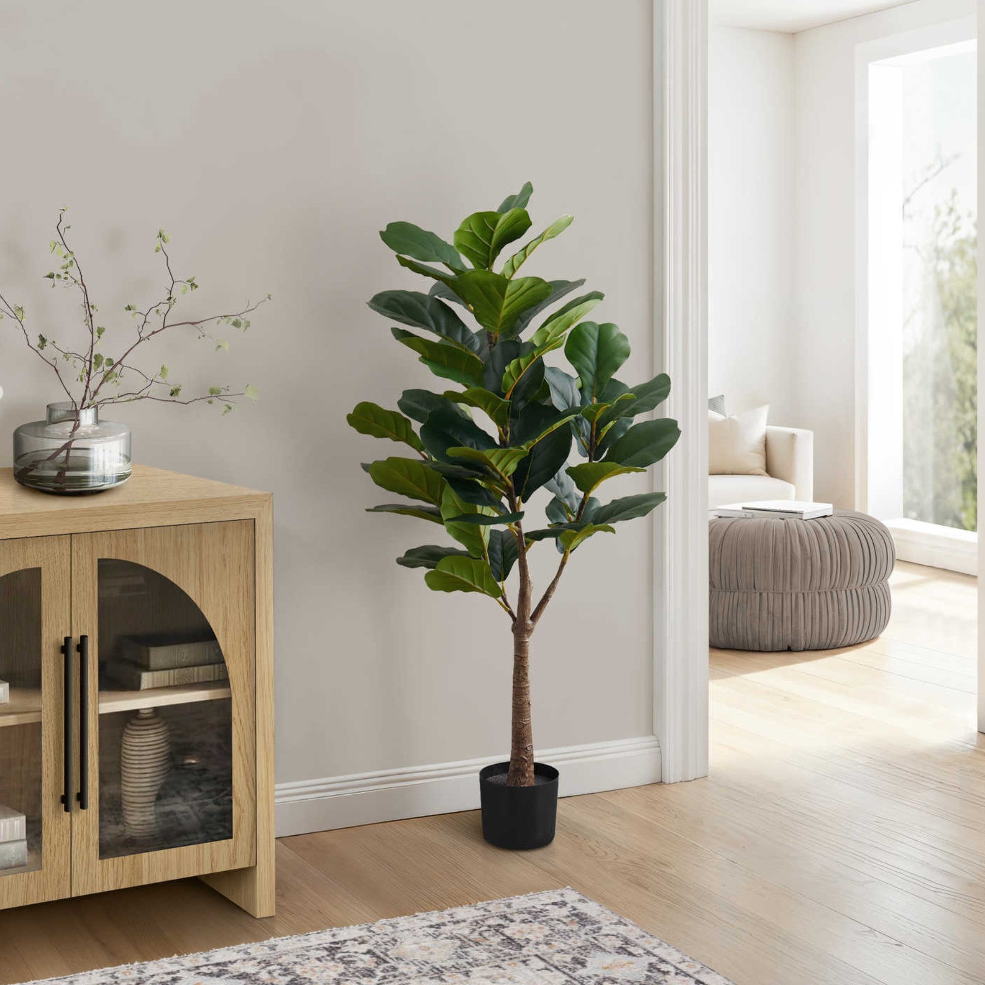 Artificial Fiddle Tree plant from Monarch Specialties, 47 inches tall, indoor decorative plant with lush green foliage.